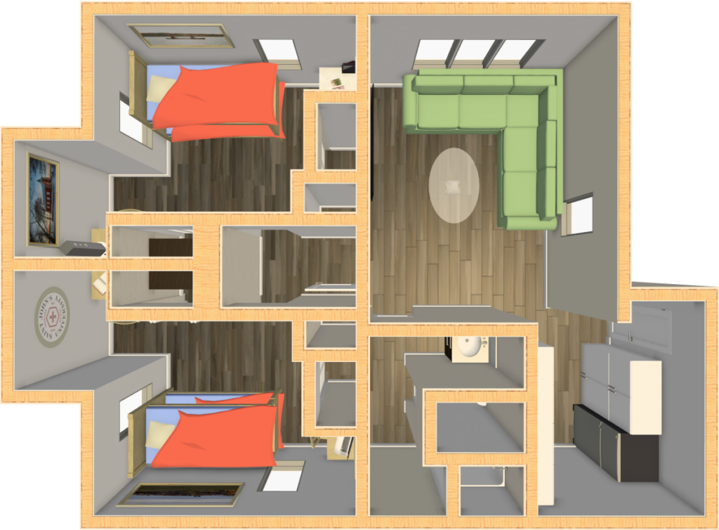 A 3D floor plan of an apartment featuring two bedrooms with red bedspreads, a living room with a green sectional sofa, a circular table, a kitchen area, a bathroom, and wooden flooring throughout.